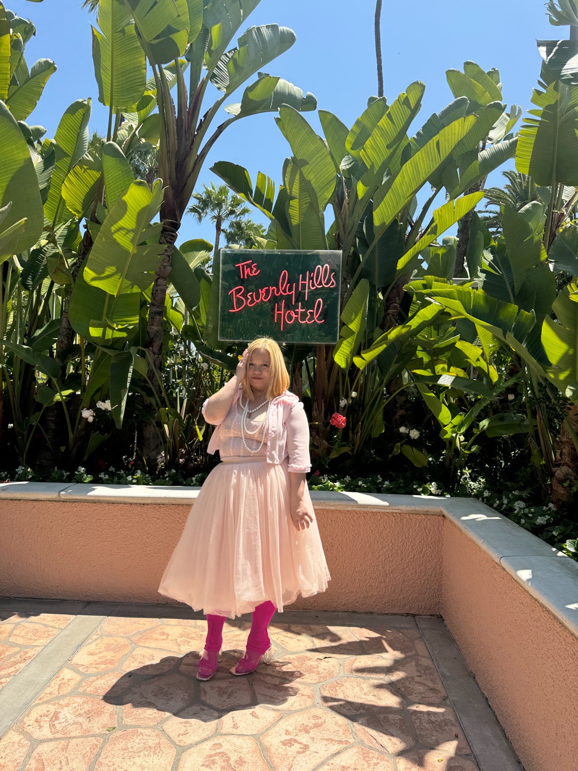 Dee in a pale pink dress and pink boots beside the Beverly Hills Hotel sign