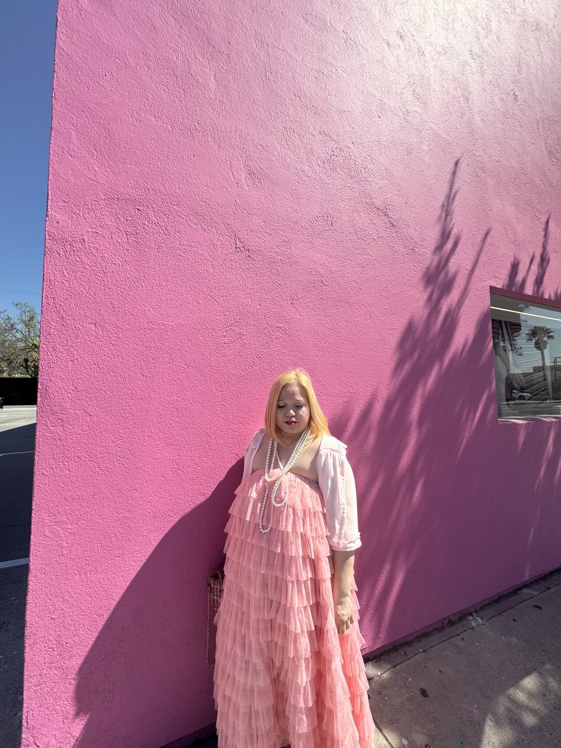 Dee in a layered pink dress beneath palm shadows on a pink wall