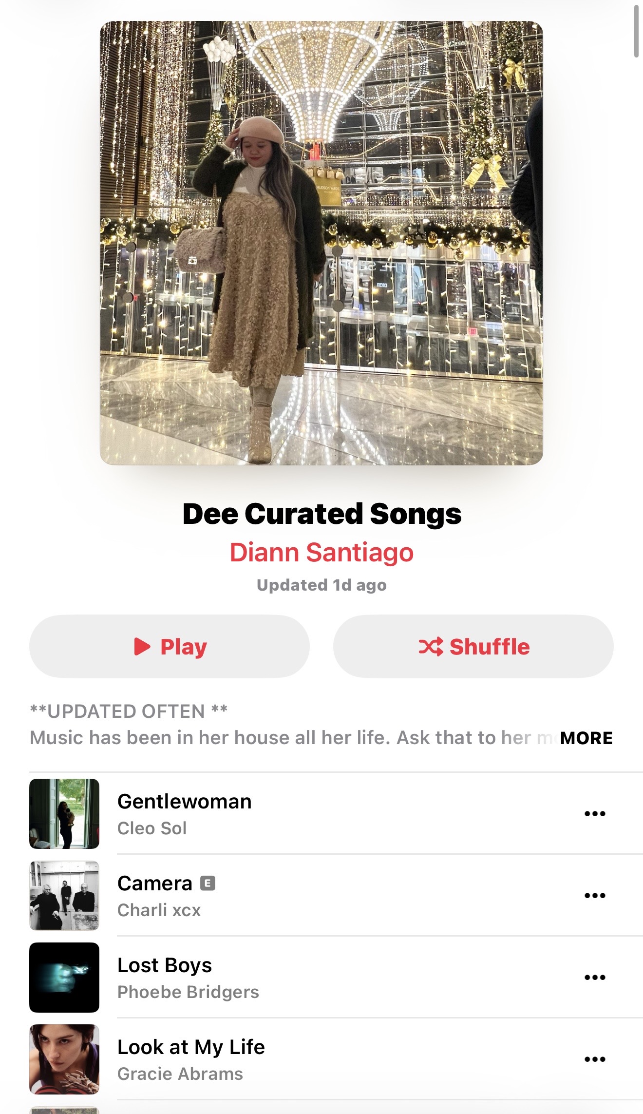 Dee Curated Songs playlist on Apple Music, featuring Dee beneath sparkling lights