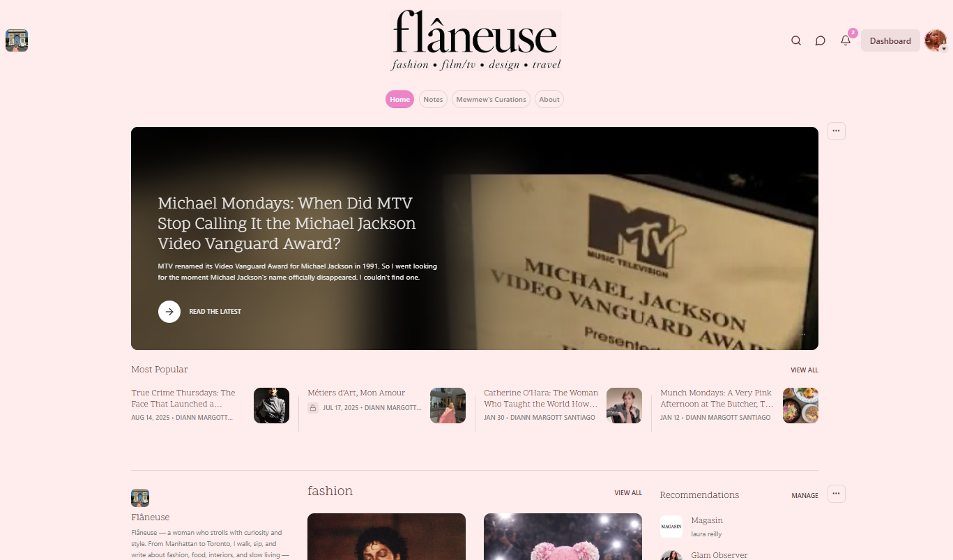 Flâneuse publication homepage, featuring Michael Mondays and stories on fashion and culture