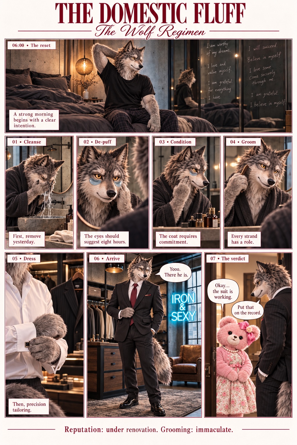 The Wolf Regimen: Wolf’s meticulous morning routine and tailored suit