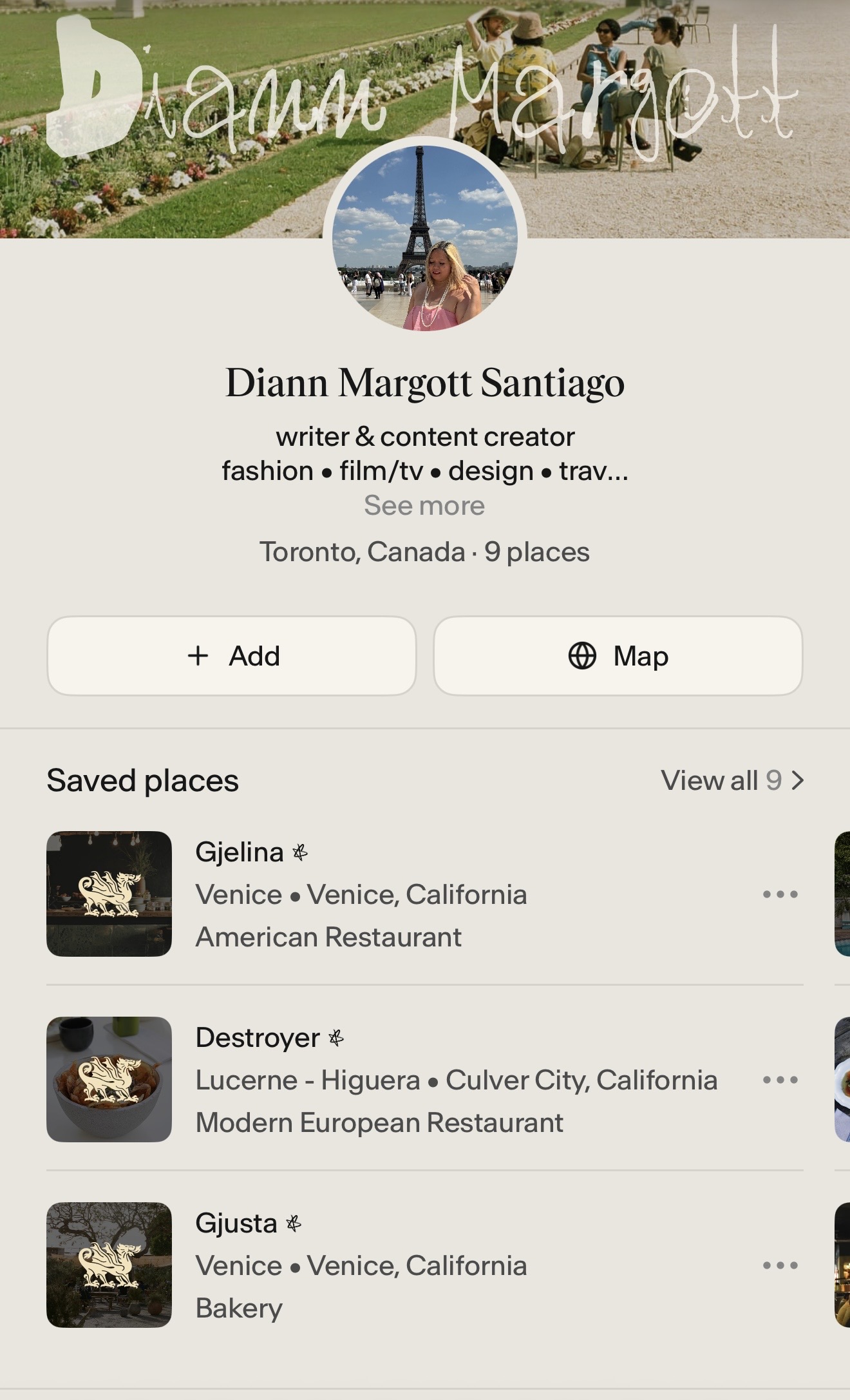 Preview of Dee’s Places profile and saved places